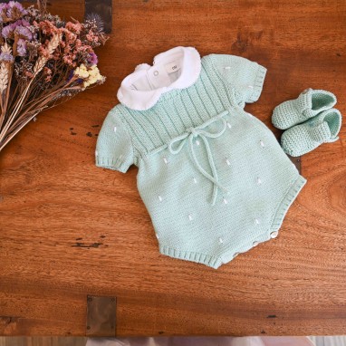 Green knitted  cotton romper with embroidered dots