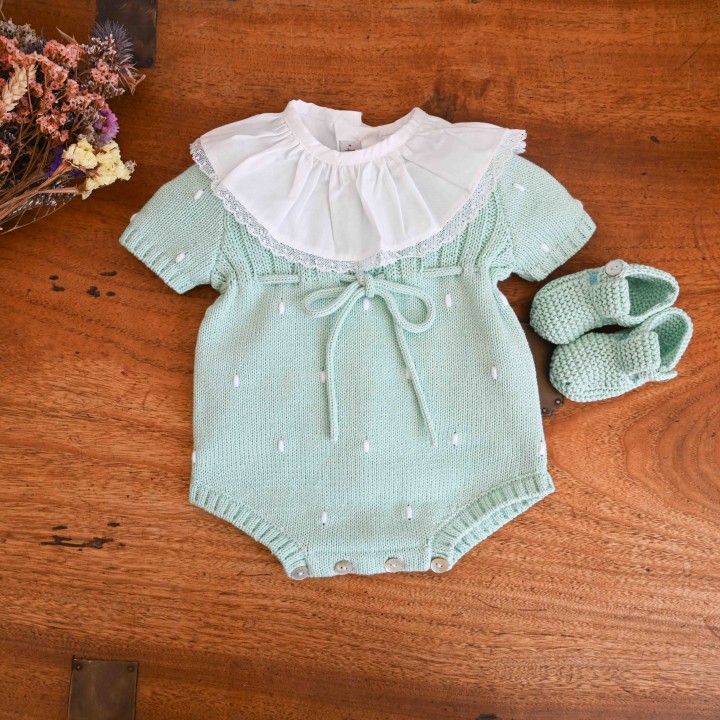 Green knitted  cotton romper with embroidered dots