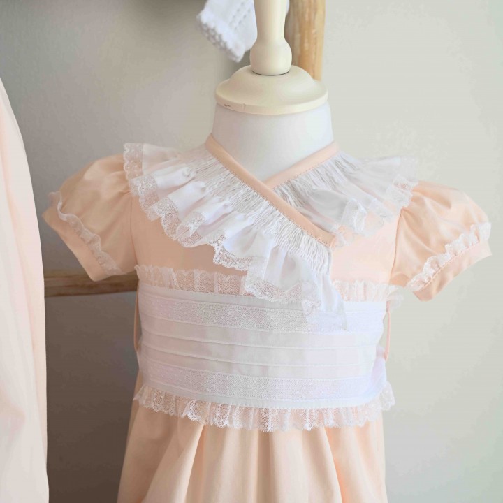 Pale Pink Dress with white lace sash and collar