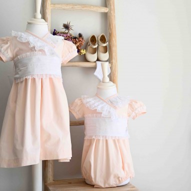 Pale Pink Dress with white lace sash and collar