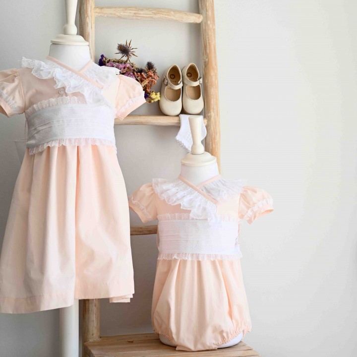 Pale Pink Dress with white lace sash and collar