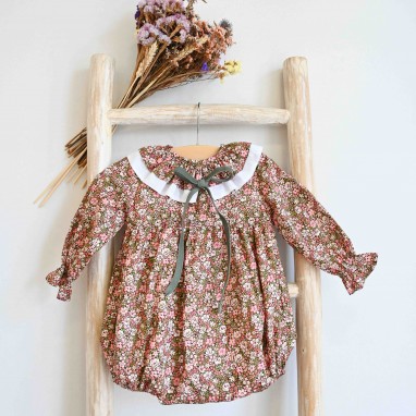 Liberty Floral Romper with green Bow