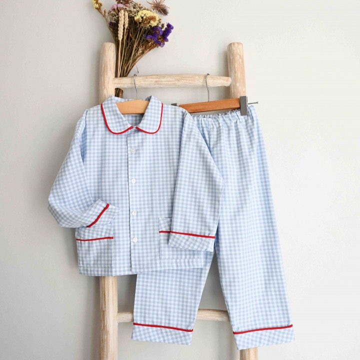 Baby blue vichy pyjama with red trim