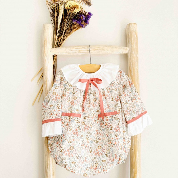 Floral Romper with collar and salmon bow