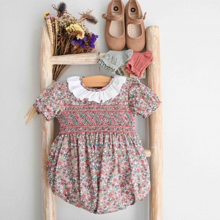 Hand smocked Floral Romper with ruffle collar