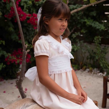 Pale Pink Dress with white lace sash and collar