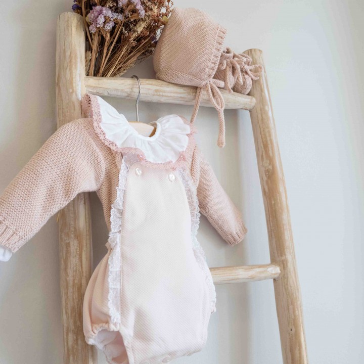 Pink Pique Romper  with lace trim